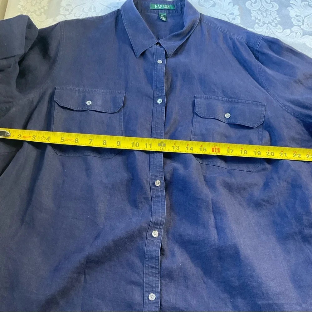 Lauren Ralph Lauren Shirt Womens 3X Navy Linen Button Front Roll Tab Tunic Top - Picture 5 of 6